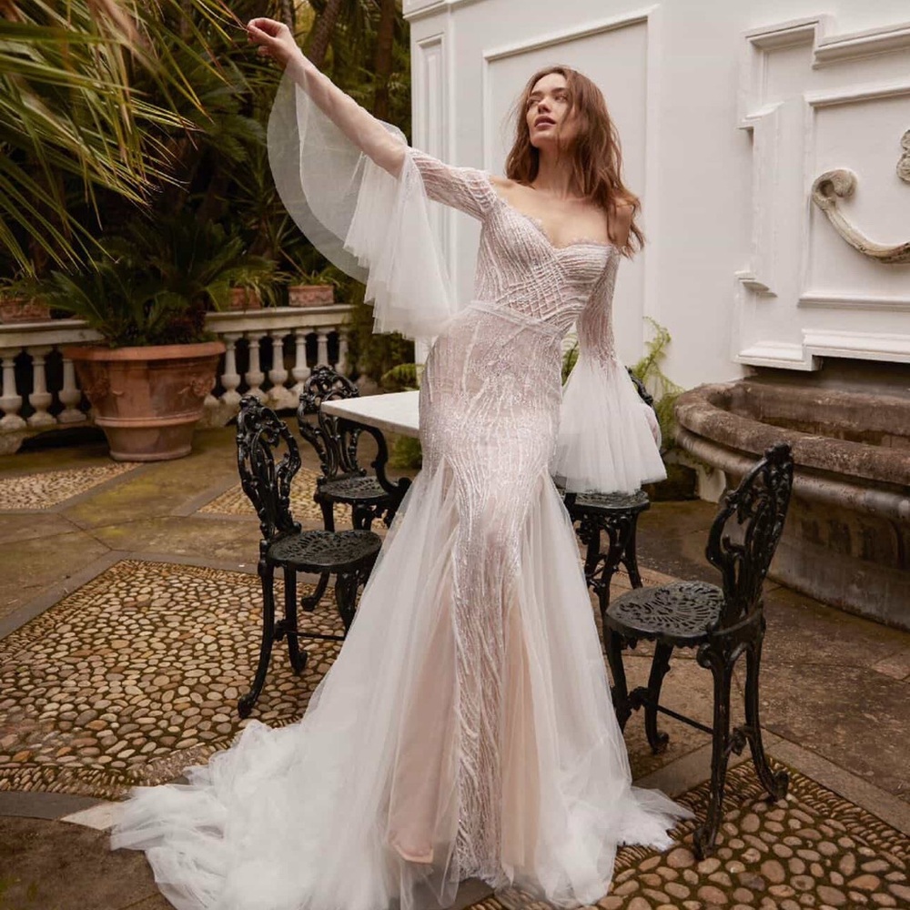 Liz Martinez VERONICA  White Off-Shoulder Wedding Dress with Sheer Bell Sleeves